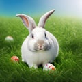 Single sedate furry Dwarf rabbit sitting on green grass with easter eggs.