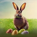 Single sedate furry Flemish Giant rabbit sitting on green grass with easter eggs