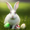 Single sedate furry Florida White rabbit sitting on green grass with easter eggs