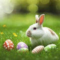 Single sedate furry Florida White rabbit sitting on green grass with easter eggs