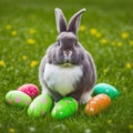 Single sedate furry rabbit sitting on green grass with easter eggs.