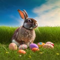 Single sedate furry rabbit sitting on green grass with easter eggs.