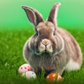 Single sedate furry rabbit sitting on green grass with easter eggs.