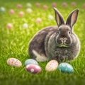 Single sedate furry rabbit sitting on green grass with easter eggs.