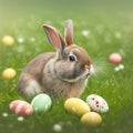 Single sedate furry rabbit sitting on green grass with easter eggs.