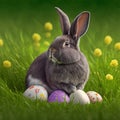 Single sedate furry rabbit sitting on green grass with easter eggs.