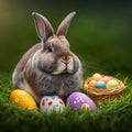 Single sedate furry rabbit sitting on green grass with easter eggs.