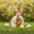 Single sedate furry Palomino rabbit sitting on green grass with easter eggs.