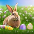 Single sedate furry Palomino rabbit sitting on green grass with easter eggs.