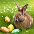 Single sedate furry Tan rabbit sitting on green grass with easter eggs.