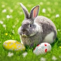 Single sedate furry Champagne rabbit sitting on green grass with easter eggs.