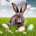 Single sedate furry Checkered rabbit sitting on green grass with easter eggs.