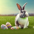 Single sedate furry Checkered rabbit sitting on green grass with easter eggs.