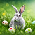 Single sedate furry Creme rabbit sitting on green grass with easter eggs.