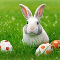 Single sedate furry Florida White rabbit sitting on green grass with easter eggs