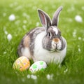 Single sedate furry Harlequin rabbit sitting on green grass with easter eggs.