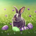 Single sedate furry Lilac rabbit sitting on green grass with easter eggs.