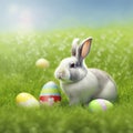 Single sedate furry Rex rabbit sitting on green grass with easter eggs.