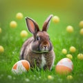 Single sedate furry Rhinelander rabbit sitting on green grass with easter eggs.