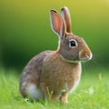 Sedate easter Cinnamon rabbit portrait full body sitting in green field