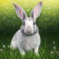 Sedate easter creme d'argent rabbit portrait full body sitting in green field