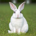 Sedate easter Florida white rabbit portrait full body sitting in green field