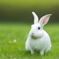 Sedate easter Florida white rabbit portrait full body sitting in green field