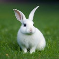 Sedate easter Florida white rabbit portrait full body sitting in green field