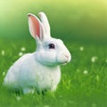 Sedate easter Florida white rabbit portrait full body sitting in green field