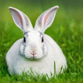 Sedate easter Florida white rabbit portrait full body sitting in green field