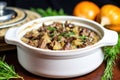 single serving of beef stroganoff in a mini casserole dish