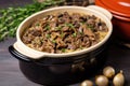 single serving of beef stroganoff in a mini casserole dish