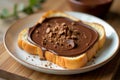 A single serving of chocolate spread placed on a plate with a slice of bread Royalty Free Stock Photo