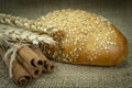 Single sesame seed bun on jute fabric surface Royalty Free Stock Photo