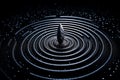 A single, sharp object sits in the center of a series of concentric circles, resembling a cosmic vortex against a dark background