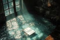 A Single Sheet of Paper Floating on Calm Water in a Dark Room with Light Shining Through a Window