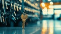 Single shiny key standing on a clean countertop in a modern locksmith workshop, with blurred organized racks of keys in