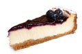 Single slice of blueberry cheesecake with fresh blueberries isolated on white.