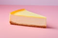 Single slice of cheesecake on pastel pink background