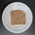 single slice of moldy bread on a white plate with a dark background Royalty Free Stock Photo