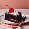 Single Slice of Plain Chocolate Cake topped with Slightly Cream and Cherry on Plate with Fork