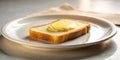 A single slice of toasted bread with a dollop of creamy spread on a white plate. Generative AI Royalty Free Stock Photo