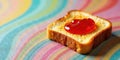 A single slice of toasted bread with a dollop of red fruit preserve rests on a vibrant, multicolored surface. Generative AI Royalty Free Stock Photo