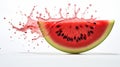 a single slice of watermelon with seeds on white background