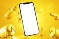 single smartphone white screen interface mockup on floating golden color 3d podium abstract composition rendering ramadan kareem