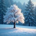 Single snow laden tree, ethereal winter scene , white, illustration, calm Royalty Free Stock Photo
