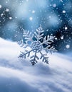 Single snowflake resting on snow with blurred background of falling snow