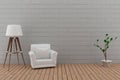 Single sofa with lamp in the brick wall and wood floor room in 3D render image