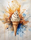 A single soft-serve ice cream cone topped with chocolate chips is surrounded by colorful splatters