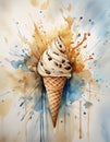 A single soft-serve ice cream cone topped with chocolate chips is surrounded by colorful splatters